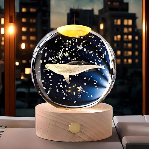 CRAE 3D Whale Crystal Night Lamp, Glass Ball Table Lamp with Wooden Base, Perfect for bedrooms, Nurseries and Cozy Corners (Whale) - Image 1