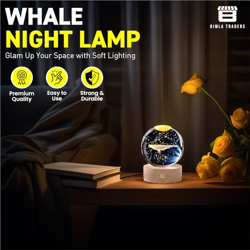 CRAE 3D Whale Crystal Night Lamp, Glass Ball Table Lamp with Wooden Base, Perfect for bedrooms, Nurseries and Cozy Corners (Whale) - Image 2