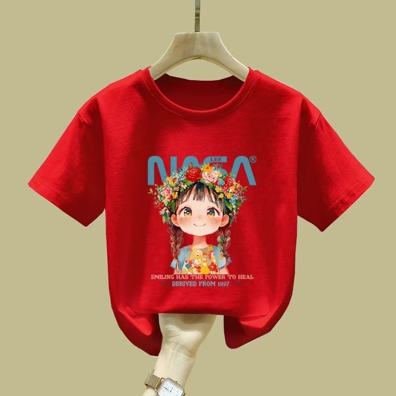 Pink Short-Sleeved Girls' T-Shirt Pure Cotton Mid-Large Children'S Round Neck Half-Sleeved Summer Children'S Top T-Shirt - Image 1