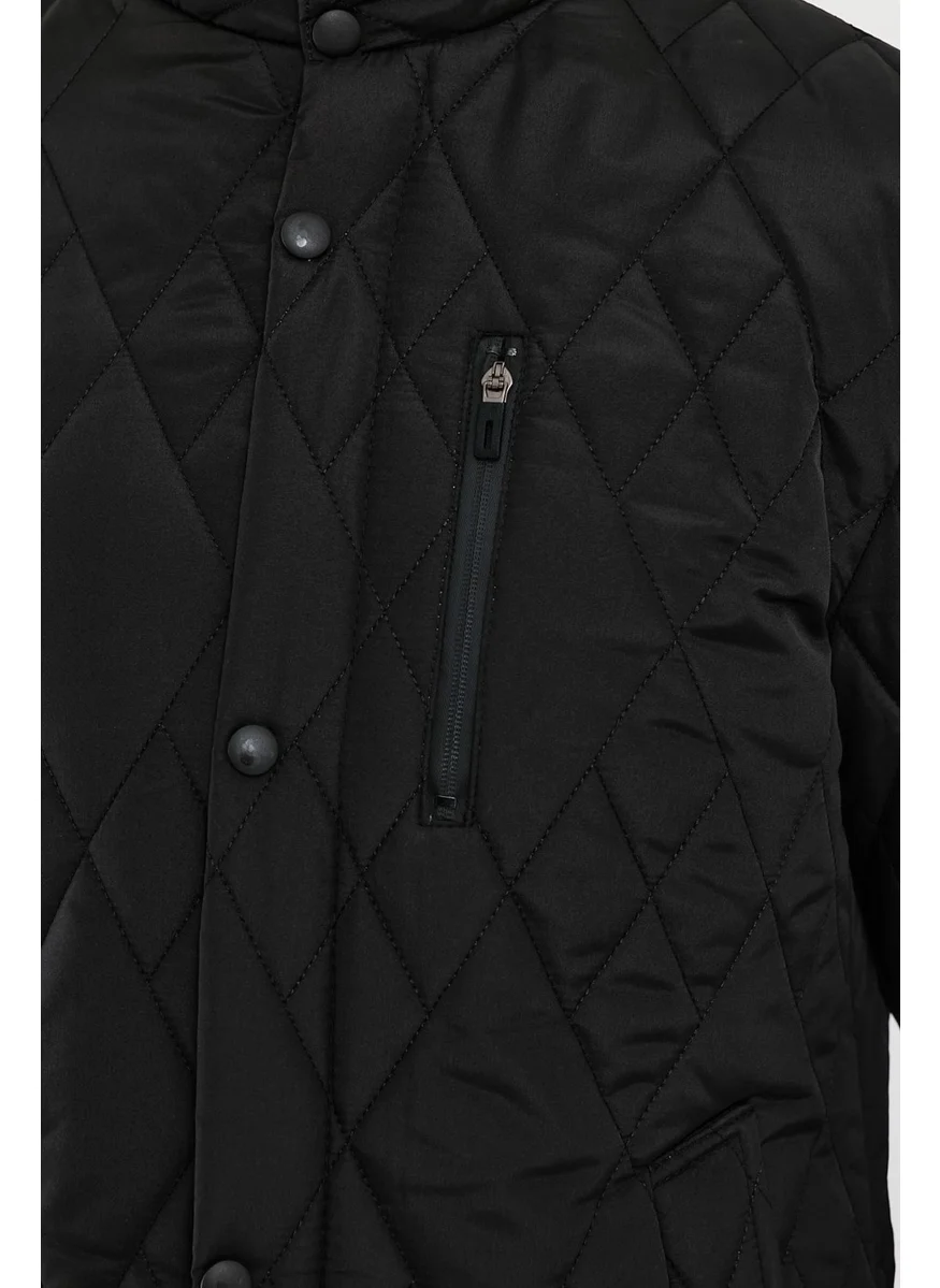 Sivaist Men's Black Standard Fit Regular Cut Fur Lined Stand-up Collar Snap-Front Padded Patterned Overcoat
