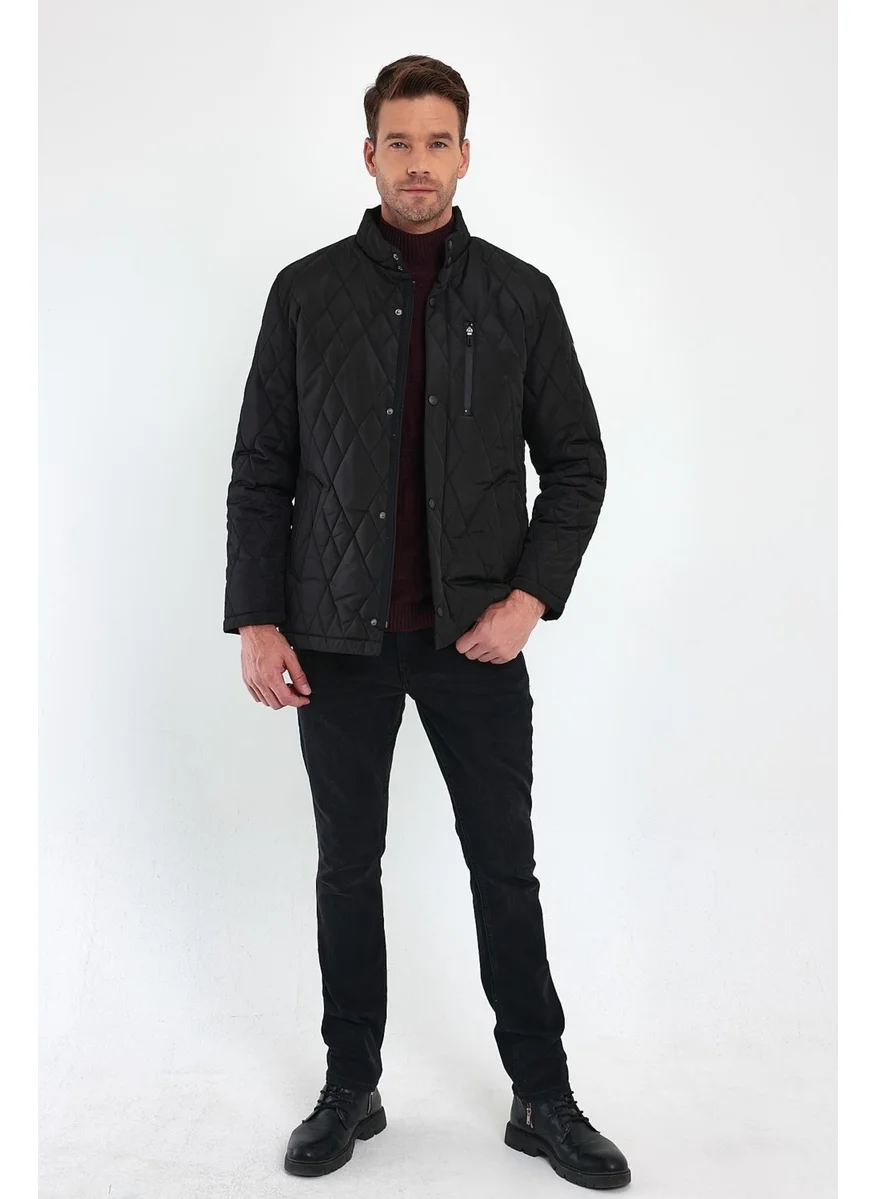 Sivaist Men's Black Standard Fit Regular Cut Fur Lined Stand-up Collar Snap-Front Padded Patterned Overcoat