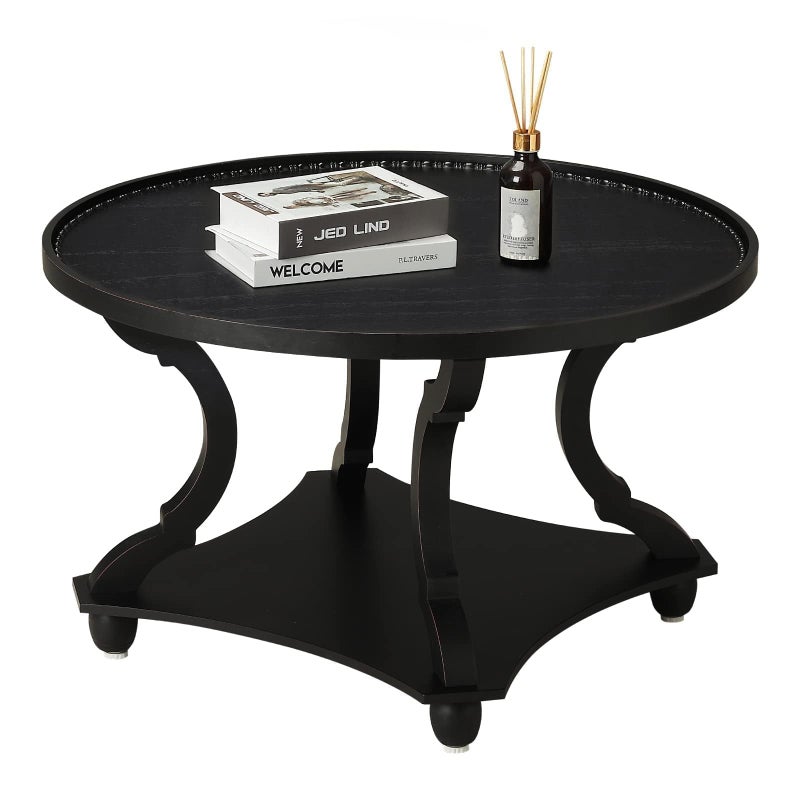 Wnutrees Farmhouse Round Coffee Table, Wood Tray Top Circle Coffee Table with Storage Shelf Rustic Style for Living Room and Vintage Finish, Black - Image 1