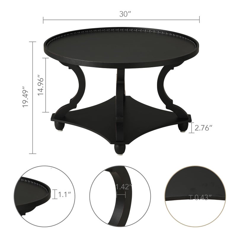 Wnutrees Farmhouse Round Coffee Table, Wood Tray Top Circle Coffee Table with Storage Shelf Rustic Style for Living Room and Vintage Finish, Black - Image 3