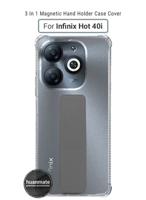 Infinix Hot 40i Magnetic Case With Hand Grip Holder & Kickstand - Strong Grip for Magnetic Car Holder, Stylish & Functional, Ultimate Convenience & Hands-Free Viewing - Clear/Grey