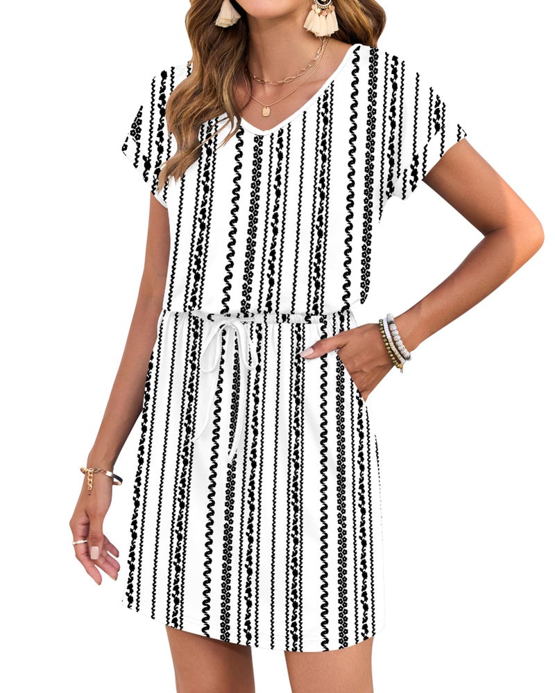 AUSELILY Women's Summer Dress 2026 Short Sleeve Tshirt Drawstring Waist Beach Cover up Casual Mini Short Dresses Floret Black M - Image 4