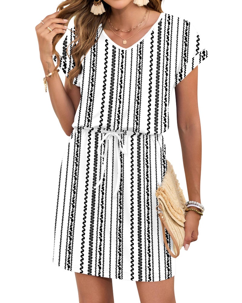 AUSELILY Women's Summer Dress 2026 Short Sleeve Tshirt Drawstring Waist Beach Cover up Casual Mini Short Dresses Floret Black M - Image 2