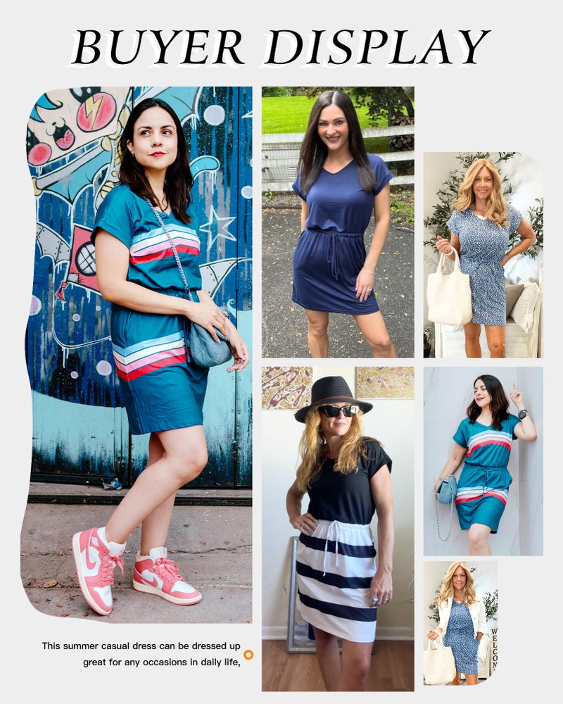 AUSELILY Women's Summer Dress 2026 Short Sleeve Tshirt Drawstring Waist Beach Cover up Casual Mini Short Dresses Floret Black M - Image 5