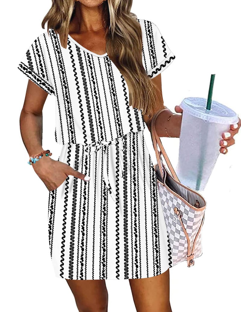 AUSELILY Women's Summer Dress 2026 Short Sleeve Tshirt Drawstring Waist Beach Cover up Casual Mini Short Dresses Floret Black M - Image 1