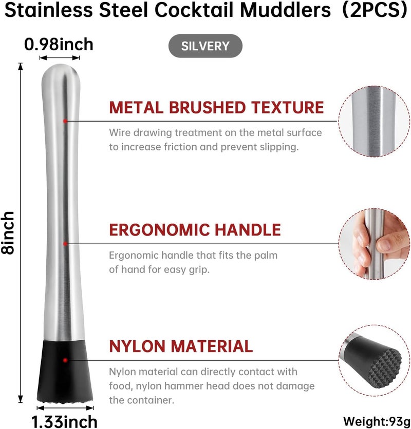 eispap 2Pcs 8 Inch Stainless Steel Cocktail Muddler and Mixing Spoon Home Bar Tool Set - Create Delicious Mojitos Old Fashioned/Mint Julep/Other Fruit Based Drinks (Silver) - Image 2