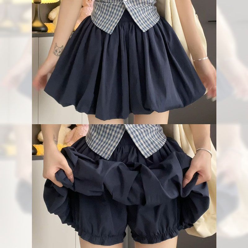 Navy Blue Ice Silk Puffy Skirt, High Waist Slim Anti-exposure Half Skirt for Women 2026 Summer - Image 1