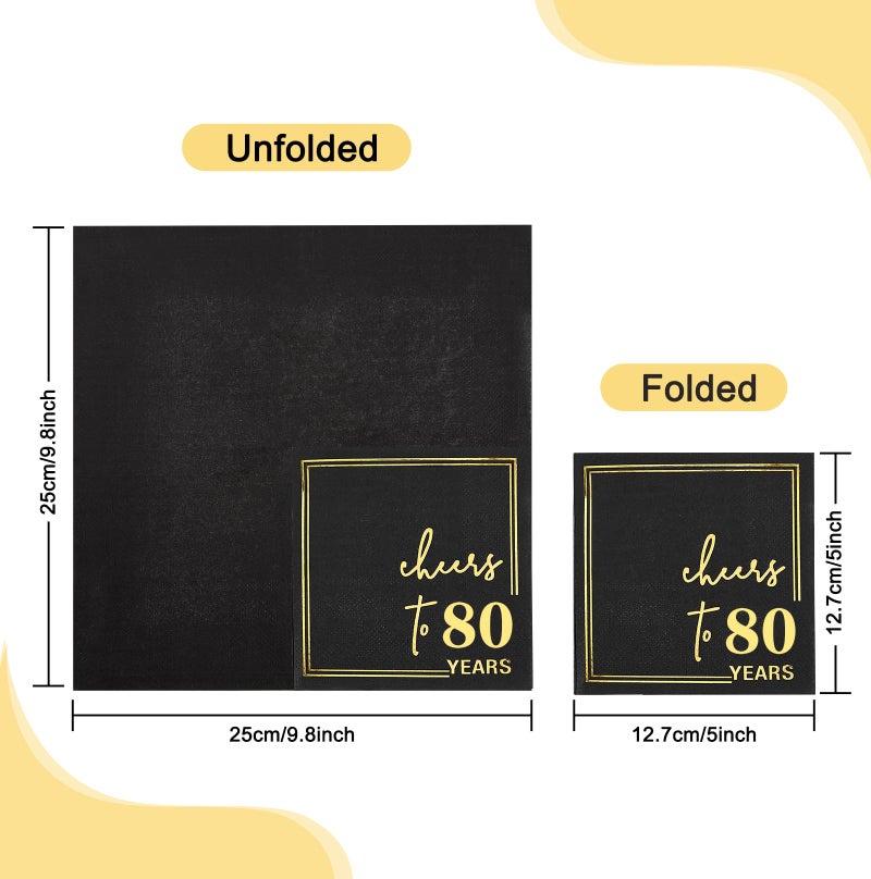 Ottin Black Cheers to 80Years Cocktail Napkins  5x5 Inches  50 Counts  3-Ply Disposable Party Napkins for 80th Birthdays Decorations  Anniversaries  Weddings  Indoor & Outdoor Celebrations  Gold Foil - Image 1
