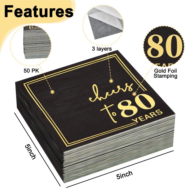Ottin Black Cheers to 80Years Cocktail Napkins  5x5 Inches  50 Counts  3-Ply Disposable Party Napkins for 80th Birthdays Decorations  Anniversaries  Weddings  Indoor & Outdoor Celebrations  Gold Foil - Image 2