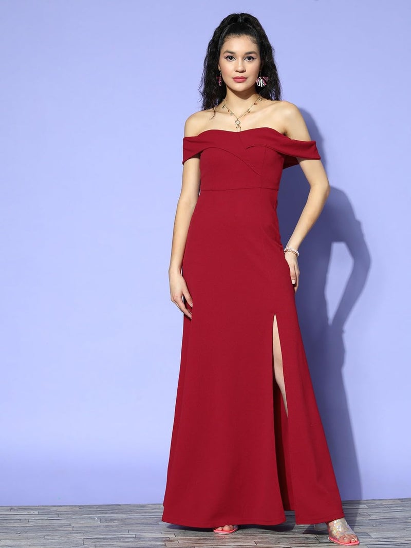Berrylush Women Solid Red Off-Shoulder Neck Crepe Thigh-High Slit Flared A-Line Maxi Dress - Image 2