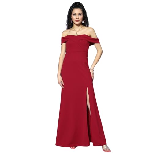 Berrylush Women Solid Red Off-Shoulder Neck Crepe Thigh-High Slit Flared A-Line Maxi Dress - Image 1