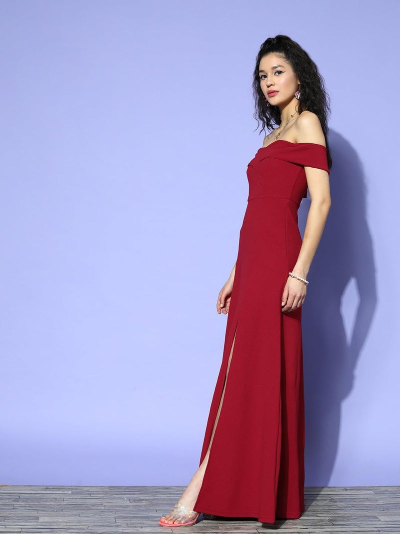 Berrylush Women Solid Red Off-Shoulder Neck Crepe Thigh-High Slit Flared A-Line Maxi Dress - Image 3