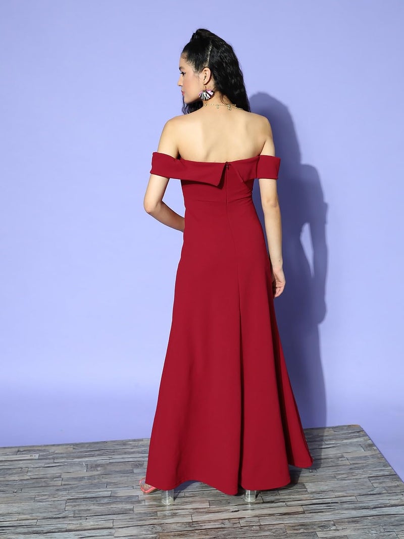 Berrylush Women Solid Red Off-Shoulder Neck Crepe Thigh-High Slit Flared A-Line Maxi Dress - Image 4