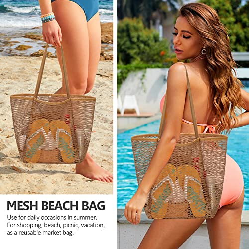 hatisan Beach Bag Mesh Tote Bags,Upgrade Beach Tote with Inner Pocket Women Mesh Shoulder Bag for Daily Travel Vacation(Kakhi) - Image 2