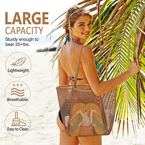 hatisan Beach Bag Mesh Tote Bags,Upgrade Beach Tote with Inner Pocket Women Mesh Shoulder Bag for Daily Travel Vacation(Kakhi) - Image 4
