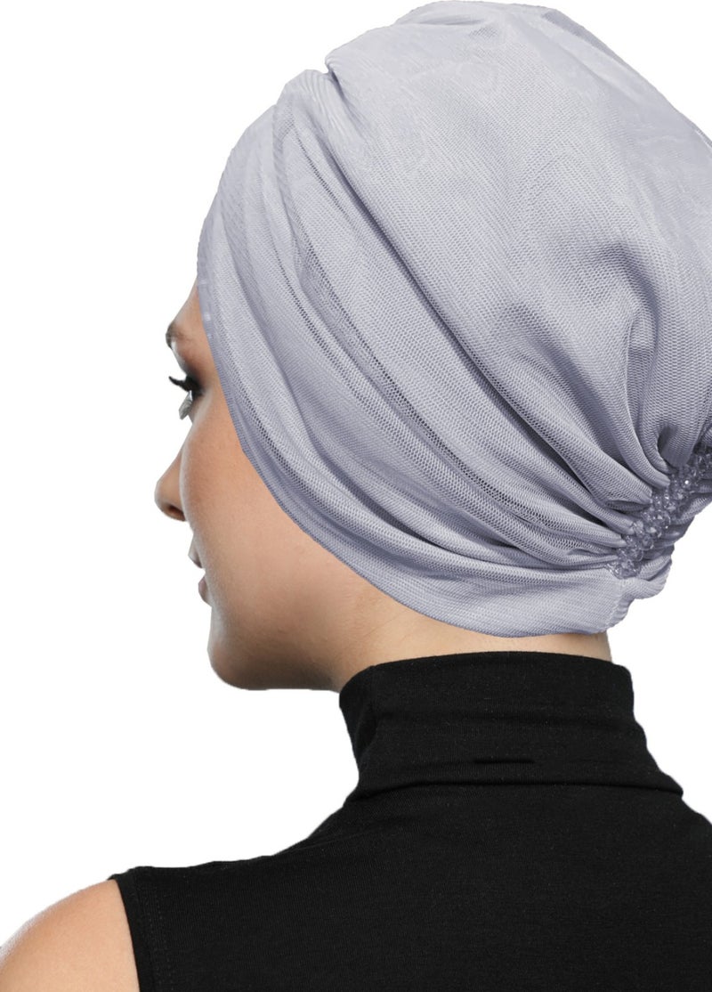 Fidan Bone Design Tulle Crystal Stone Embroidered Double Sided Lined Light Gray Ready-made Hijab Hijab Evening Dress Bone - Image 4