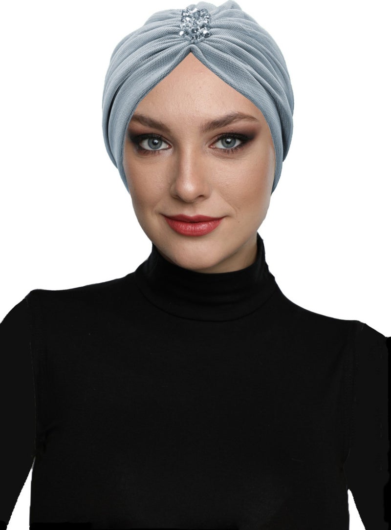 Fidan Bone Design Tulle Crystal Stone Embroidered Double Sided Lined Light Gray Ready-made Hijab Hijab Evening Dress Bone - Image 3