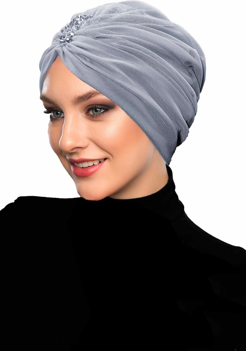 Fidan Bone Design Tulle Crystal Stone Embroidered Double Sided Lined Light Gray Ready-made Hijab Hijab Evening Dress Bone - Image 1