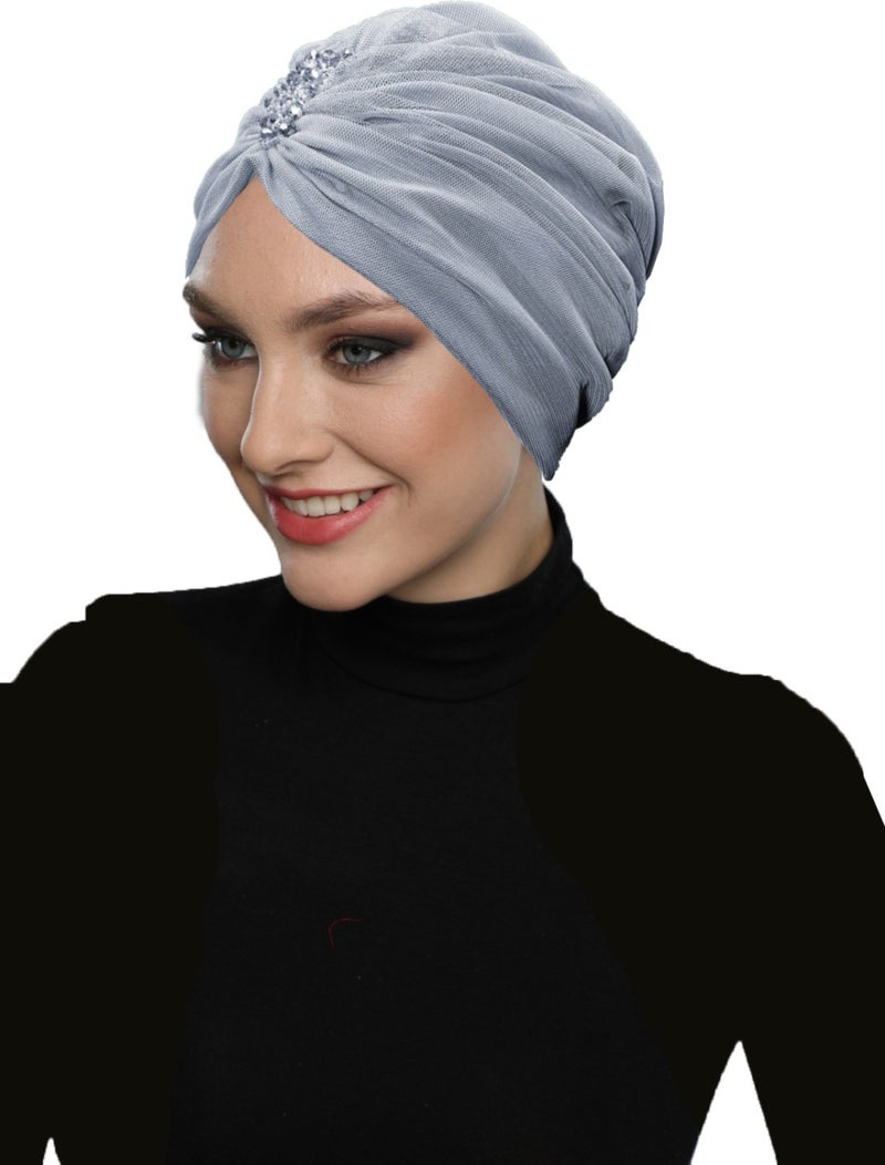 Fidan Bone Design Tulle Crystal Stone Embroidered Double Sided Lined Light Gray Ready-made Hijab Hijab Evening Dress Bone - Image 2