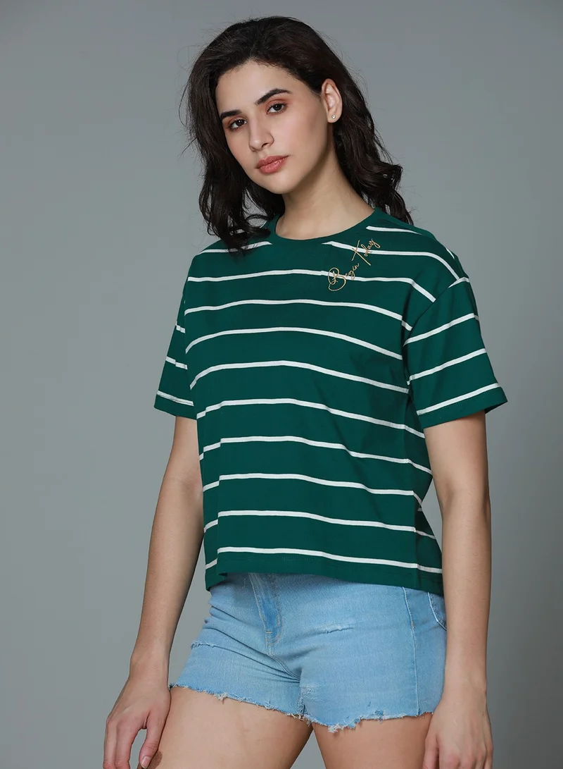 هاي ستار Green Striped T-Shirt for Women, Boxy and Drop-Shoulder