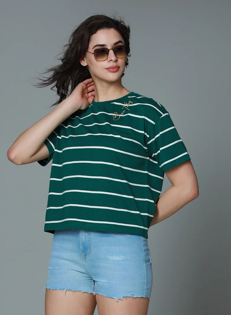 هاي ستار Green Striped T-Shirt for Women, Boxy and Drop-Shoulder