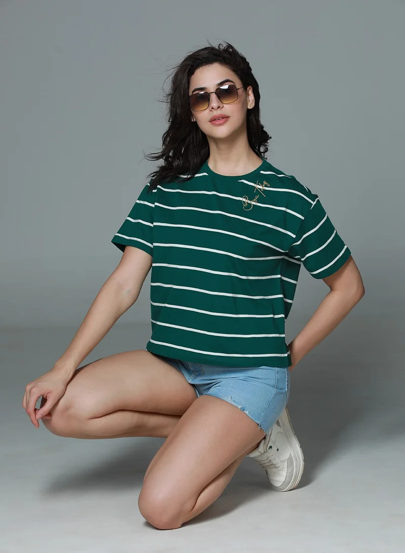هاي ستار Green Striped T-Shirt for Women, Boxy and Drop-Shoulder