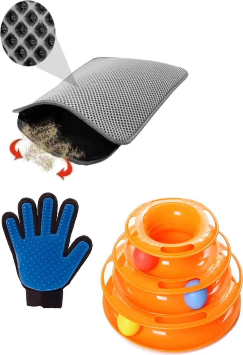 Tineke Set of 3 Tower Of Tracks Cat Toy + Feather Collection Glove + Cat Toilet Mat with Screen (Grey