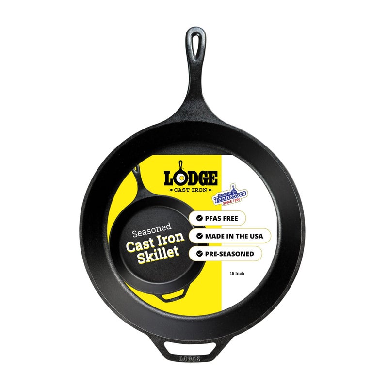Lodge Seasoned Cast Iron Skillet - Frying Pan for the Stove, Grill or Campfire - Cooks Evenly - Features Easy-Grip Teardrop Handle - Non-Toxic, Nonstick & Long-Lasting - 15 Inches - Image 1