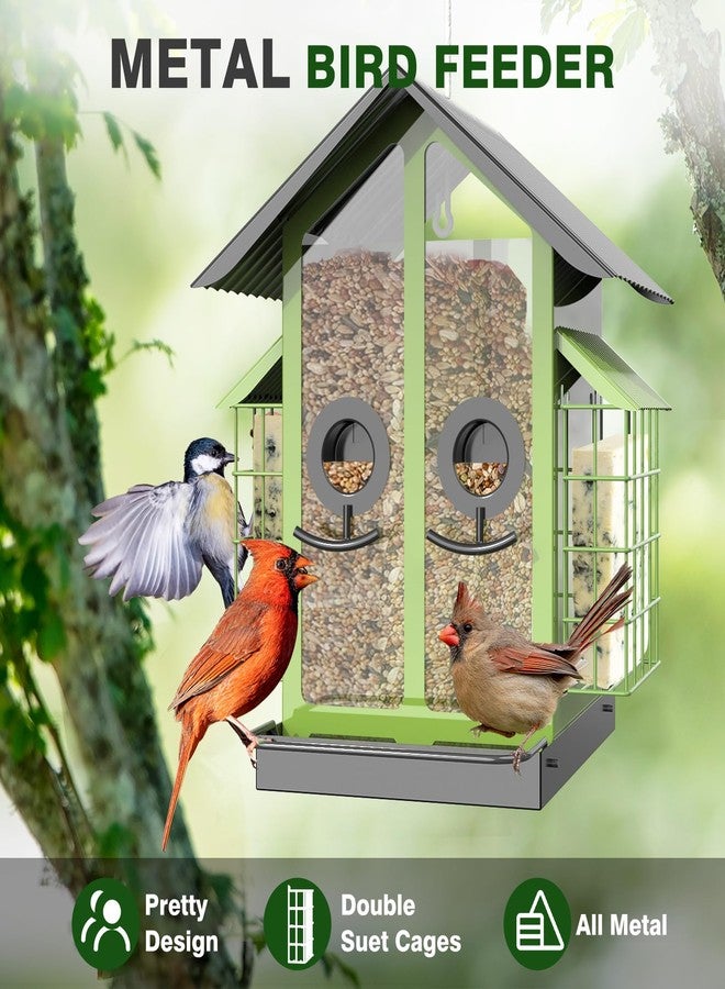 FlowaFoli Bird Feeders for Outdoors, Metal Bird Feeder with Double Suet Cage Weatherproof Metal Roof, 2 in 1 Mixed Seeds Suet Feeder, 4Lbs Large Capacity, Great for Finch、Cardinal、Chickadee（Green） - Image 4