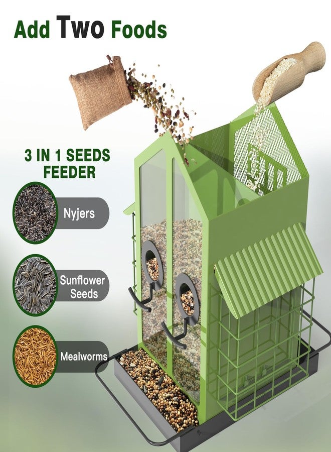 FlowaFoli Bird Feeders for Outdoors, Metal Bird Feeder with Double Suet Cage Weatherproof Metal Roof, 2 in 1 Mixed Seeds Suet Feeder, 4Lbs Large Capacity, Great for Finch、Cardinal、Chickadee（Green） - Image 3