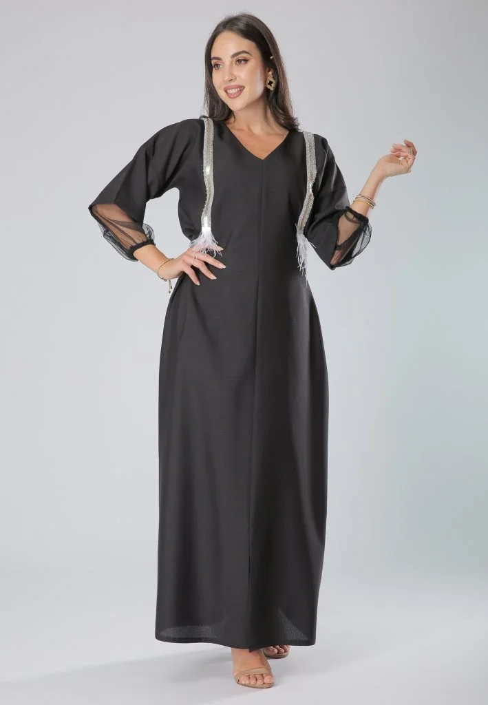 Moistreet V-Neck Mesh Detailed Kaftan