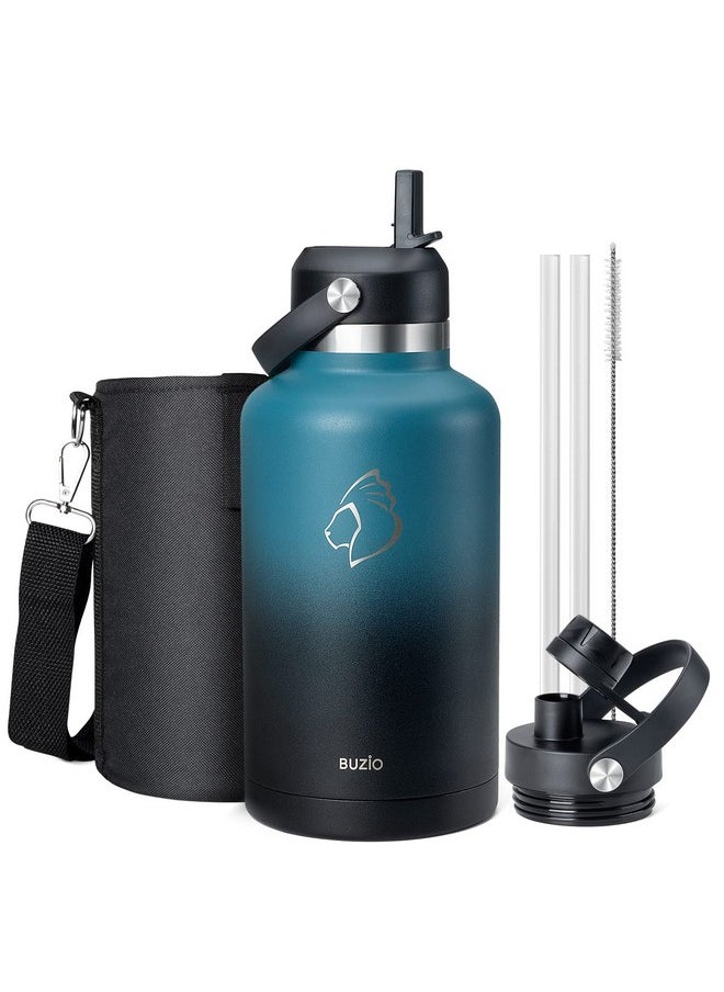 BUZIO - Insulated Water Bottle 64 Oz With Two Lid Half Gallon Stainless Steel Wide Mouth Water Bottle With Straw Leakproof Metal Water Flask Thermo Mug Metal Canteen For Sports Gym Running - Image 1