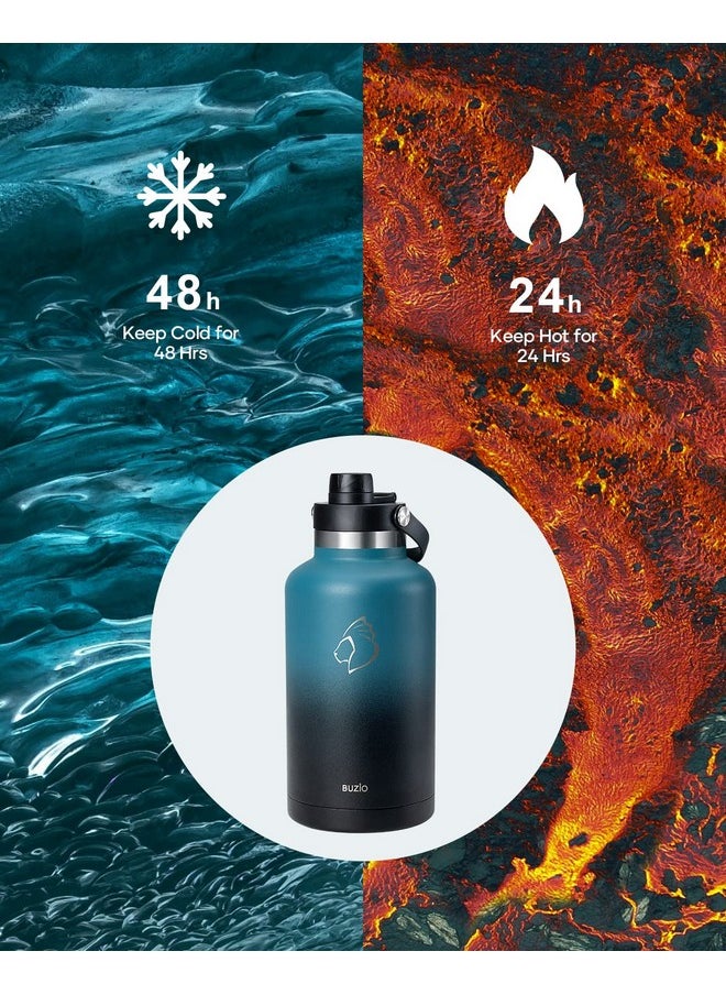 BUZIO - Insulated Water Bottle 64 Oz With Two Lid Half Gallon Stainless Steel Wide Mouth Water Bottle With Straw Leakproof Metal Water Flask Thermo Mug Metal Canteen For Sports Gym Running - Image 1