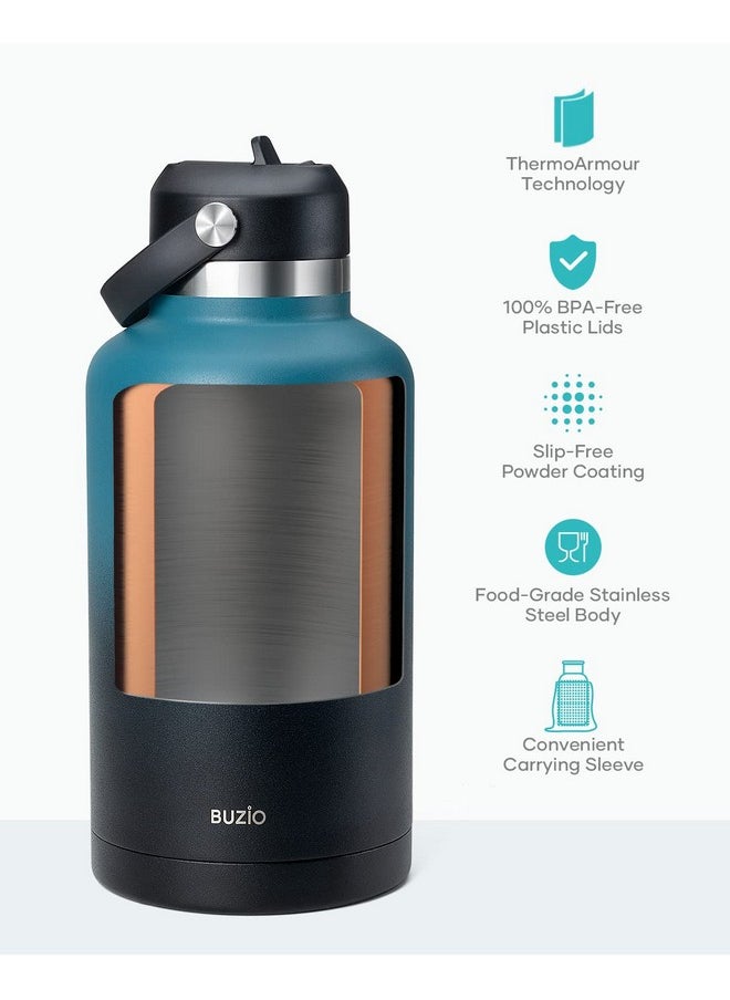 BUZIO - Insulated Water Bottle 64 Oz With Two Lid Half Gallon Stainless Steel Wide Mouth Water Bottle With Straw Leakproof Metal Water Flask Thermo Mug Metal Canteen For Sports Gym Running - Image 1