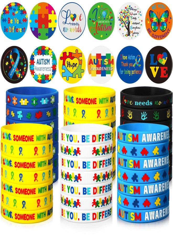 Honoson 72 Pcs Autism Awareness Party Favor, Colorful Puzzle Pieces Silicone Bracelet Rubber Wristband Autism Party Button Badge Pin for Autism Awareness Themed Party Kids Adults Birthday Party Supplies - Image 1