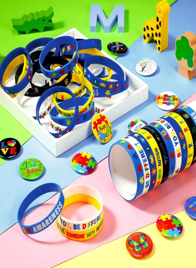 Honoson 72 Pcs Autism Awareness Party Favor, Colorful Puzzle Pieces Silicone Bracelet Rubber Wristband Autism Party Button Badge Pin for Autism Awareness Themed Party Kids Adults Birthday Party Supplies - Image 4