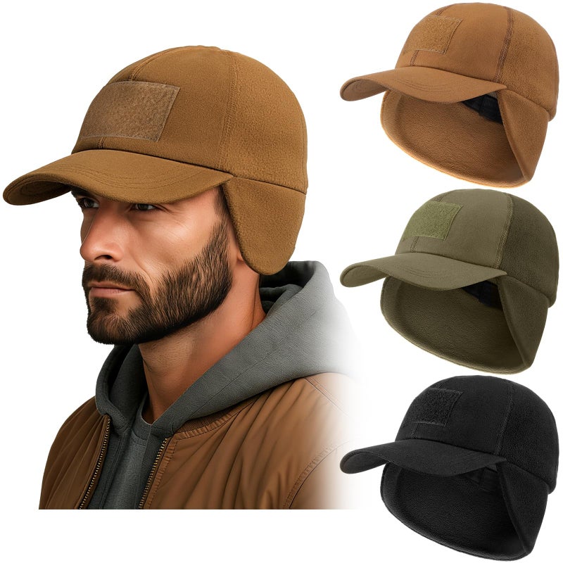 Chicingyou 3 Pcs Winter Tactical Cap with Patch Warm Baseball Cap with Ear Flap Fleece Operator Work Military Hat with Loop Field Fleece Beanie with Brim for Men - Image 1