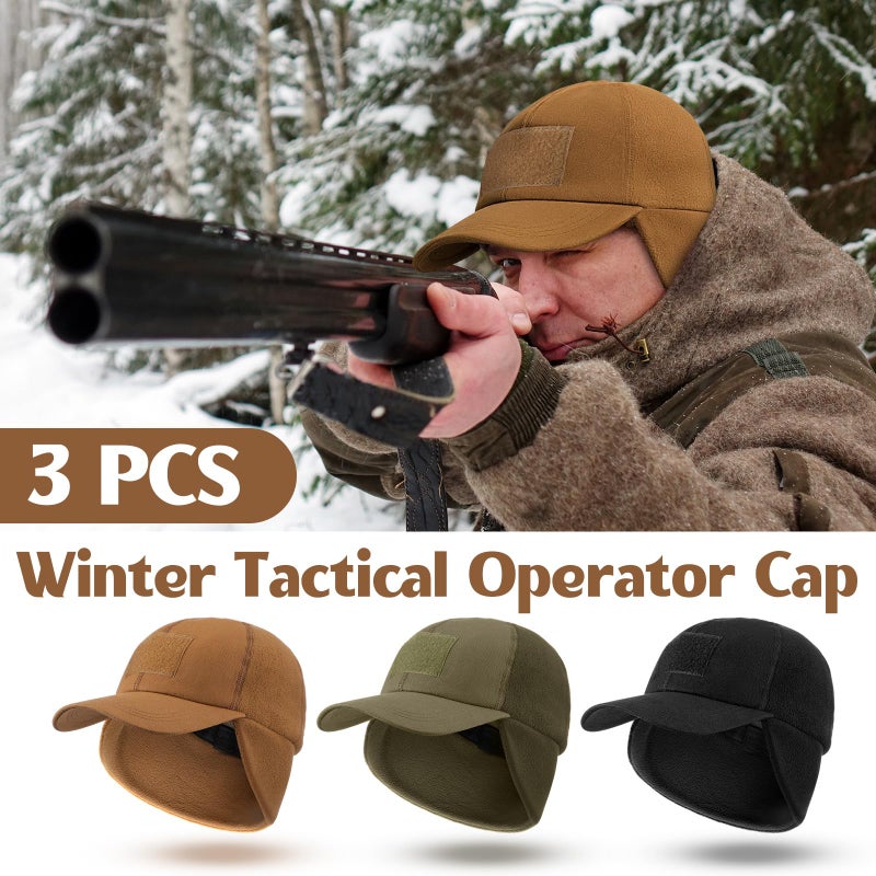 Chicingyou 3 Pcs Winter Tactical Cap with Patch Warm Baseball Cap with Ear Flap Fleece Operator Work Military Hat with Loop Field Fleece Beanie with Brim for Men - Image 5