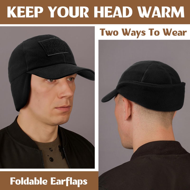 Chicingyou 3 Pcs Winter Tactical Cap with Patch Warm Baseball Cap with Ear Flap Fleece Operator Work Military Hat with Loop Field Fleece Beanie with Brim for Men - Image 4