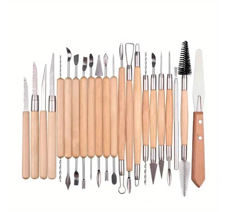 HS 22pc Ceramic Wooden Handle Professional Tools Kit for Clay Pottery Sculpting Scraping Cutting Fine Detailing Smoothening Shaping and Trimming