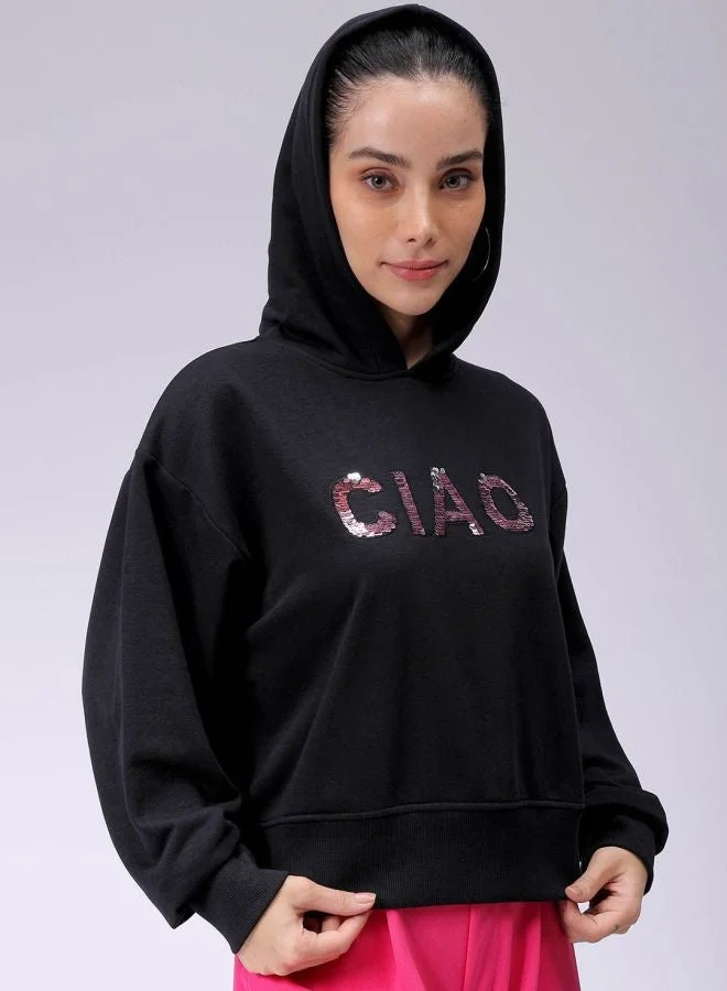 مرفوعة Women Relaxed Fit Embroidered Hooded Neck Long Sleeve Hooded Sweatshirt