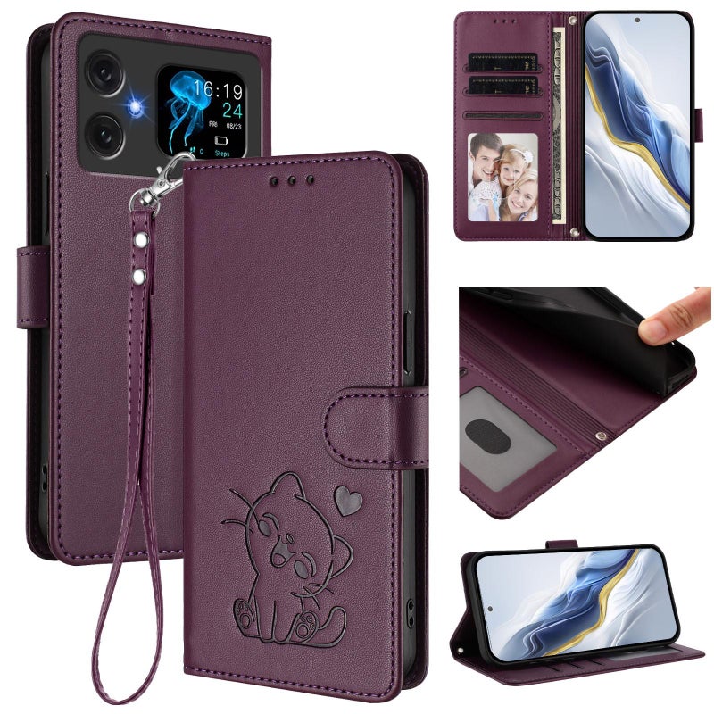 erorex For Cubot A20 Embossed  Cat Leather Phone Case with Hand Strap(Dark Purple) - Image 1