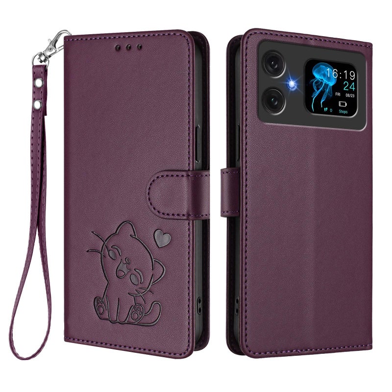 erorex For Cubot A20 Embossed  Cat Leather Phone Case with Hand Strap(Dark Purple) - Image 2