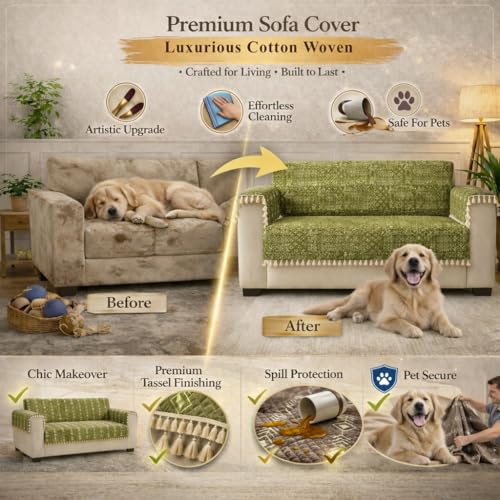 STITCHNEST 'Artisoul Series' Chenille Sofa Cover 2 Seater Fully Covered with 2 Hand Rest Covers | Premium Heavy Fabric, Washable & Fade Resistant | Green Sofa Protector with Tassels | Size 48x60 Inch - Image 4