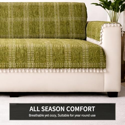 STITCHNEST 'Artisoul Series' Chenille Sofa Cover 2 Seater Fully Covered with 2 Hand Rest Covers | Premium Heavy Fabric, Washable & Fade Resistant | Green Sofa Protector with Tassels | Size 48x60 Inch - Image 5
