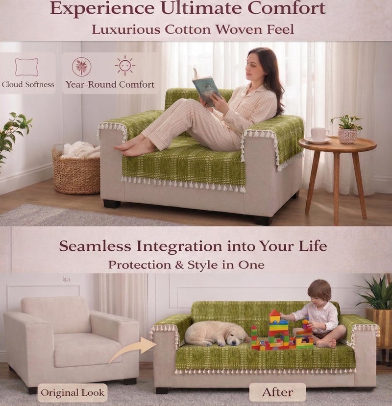 STITCHNEST 'Artisoul Series' Chenille Sofa Cover 2 Seater Fully Covered with 2 Hand Rest Covers | Premium Heavy Fabric, Washable & Fade Resistant | Green Sofa Protector with Tassels | Size 48x60 Inch - Image 3