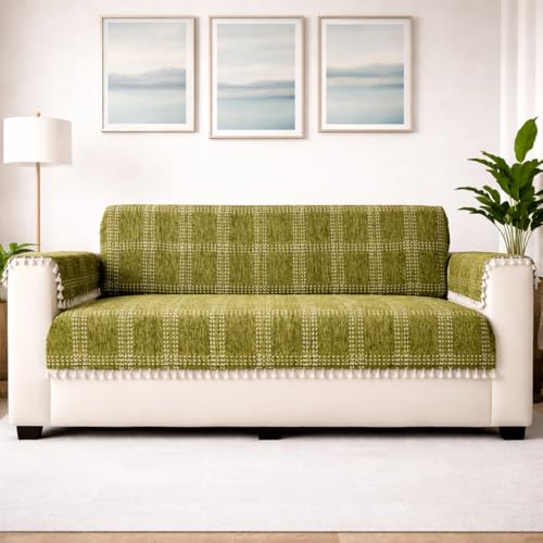 STITCHNEST 'Artisoul Series' Chenille Sofa Cover 2 Seater Fully Covered with 2 Hand Rest Covers | Premium Heavy Fabric, Washable & Fade Resistant | Green Sofa Protector with Tassels | Size 48x60 Inch - Image 1